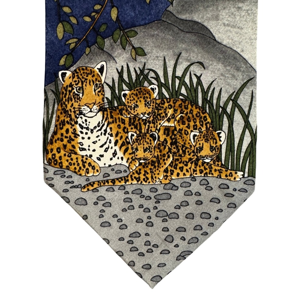 Vintage 1993 WWF World Wildlife Fund Silk Tie Leopard Family Navy Blue 138